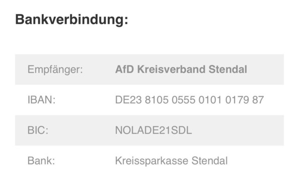 Screenshot der Bankverbindung der AfD Stendal bei der Kreissparkasse Stendal.